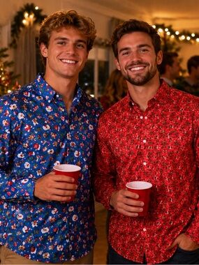Simon Banks Men's Santa Reindeer Button-Down Shirt - Casual Festive Christmas M